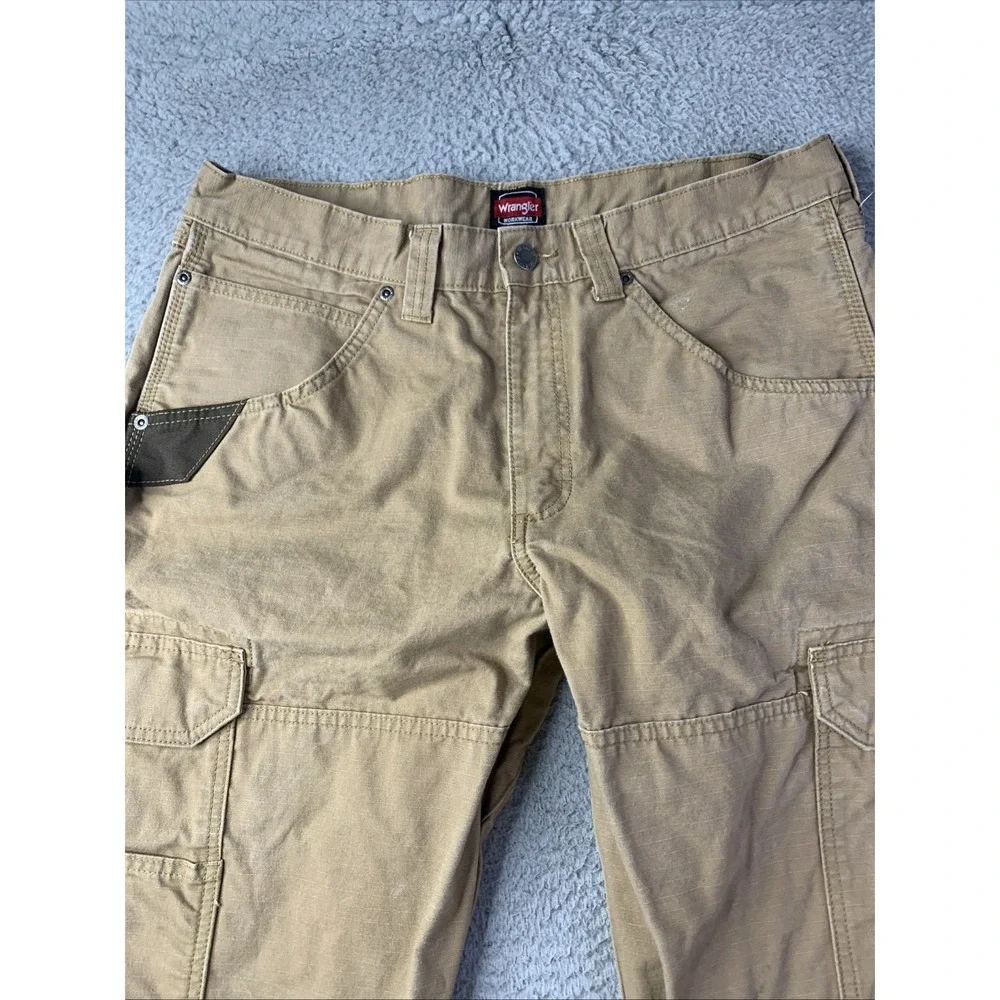 Wrangler Work Cargo Duck Canvas Pants Men's 34x30 Khaki Utility Double Knee